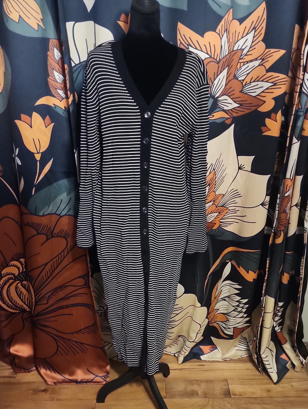 a new day Black & White Striped Long Sleeve Button-Front Dress